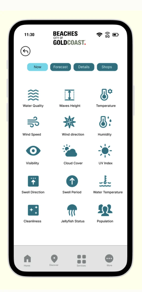 Now tab showing live beach conditions
