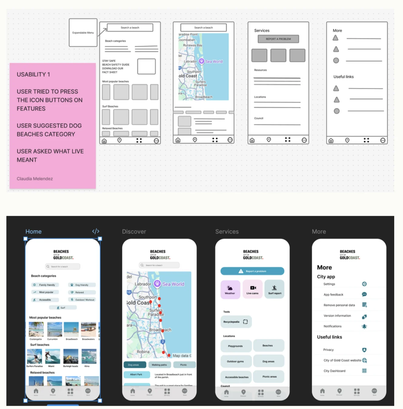 Usability notes with wireframes, and the resulting Home, Discover, Services and More pages