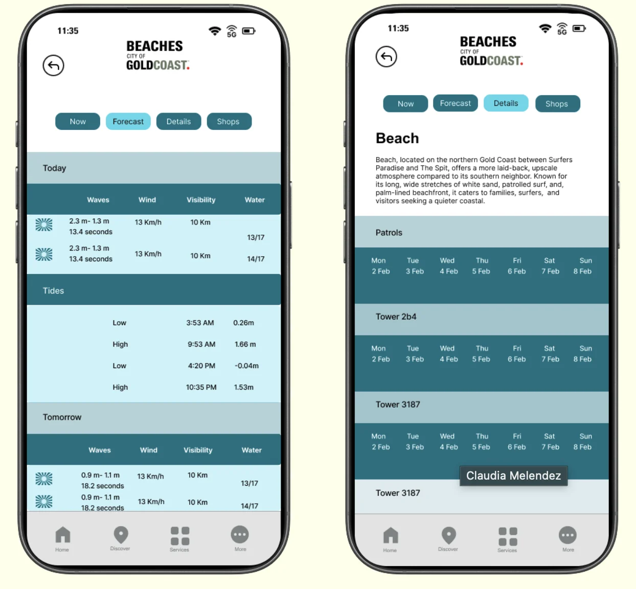 Forecast and details screens with tides and lifeguard patrols