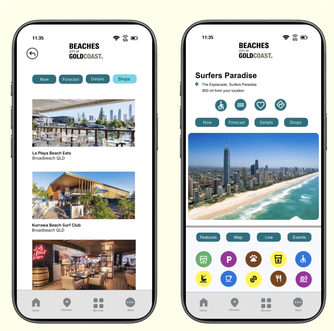 Nearby shops tab and Surfers Paradise beach page
