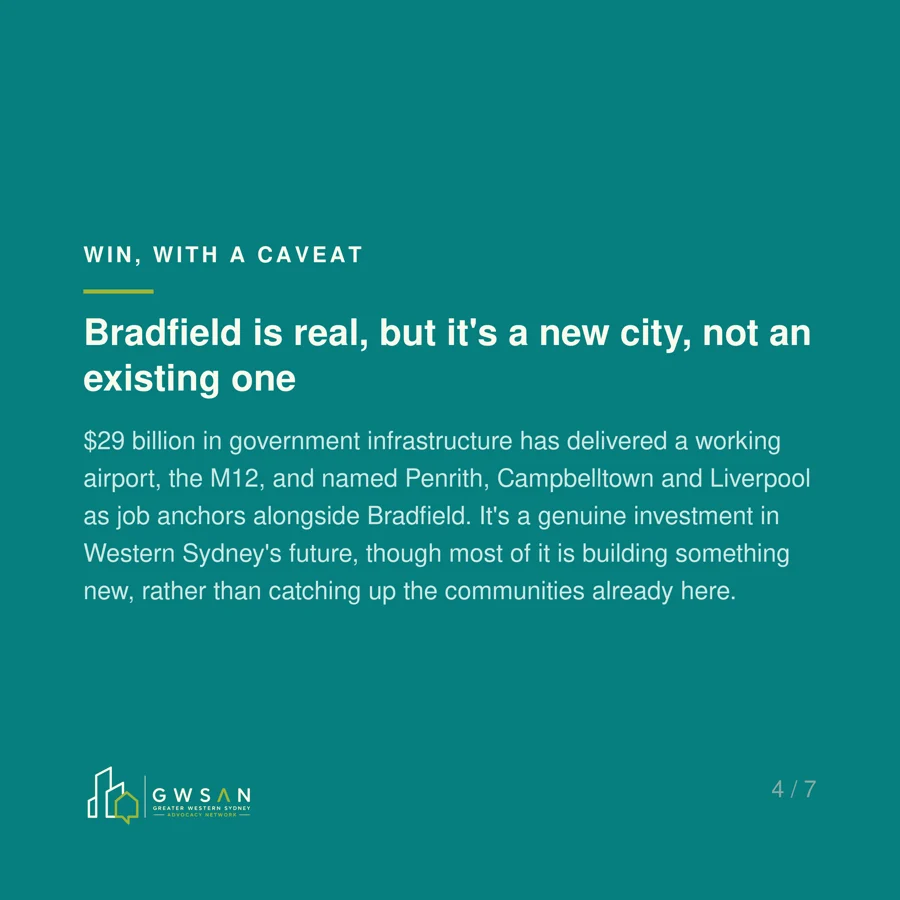 Slide 4: Bradfield, win with a caveat