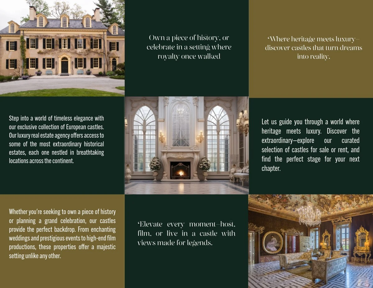 First content grid: castle exterior, fireplace interior and gilded room with brand copy