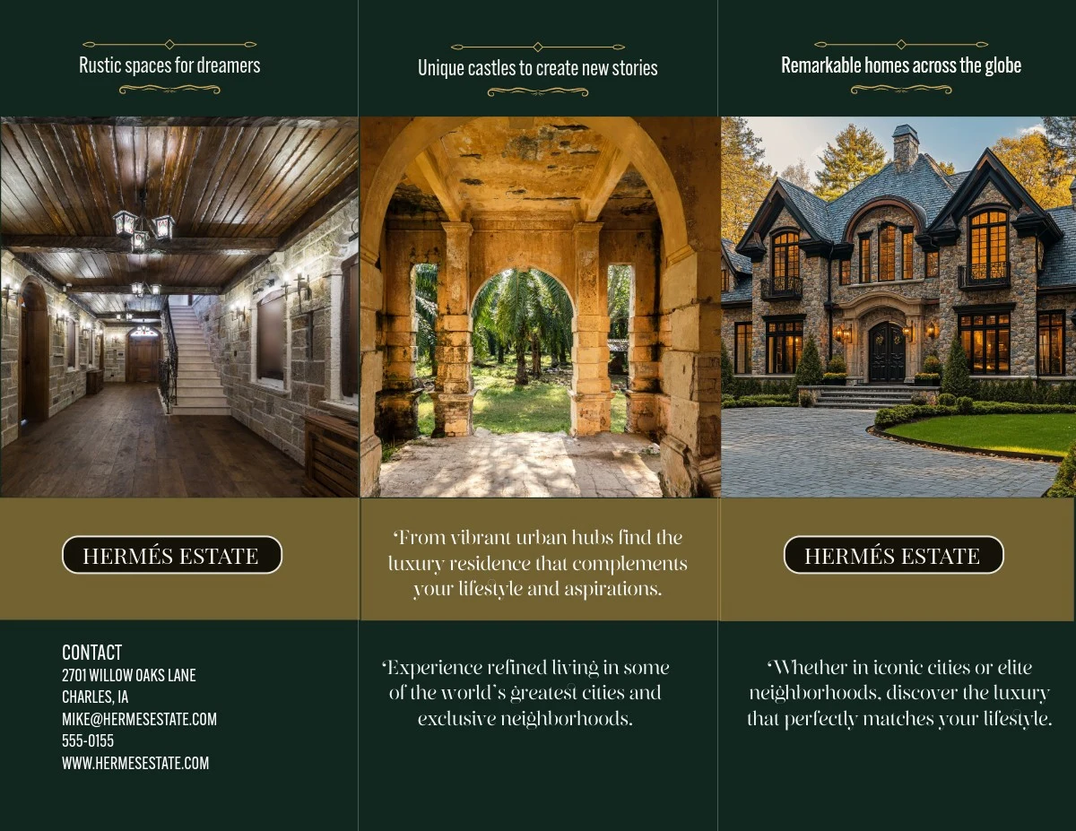 Second content grid: rustic hallway, stone archway and mansion exterior with contact details