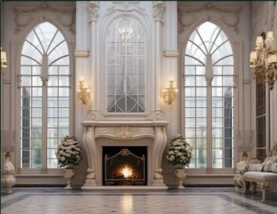 Arched window fireplace interior
