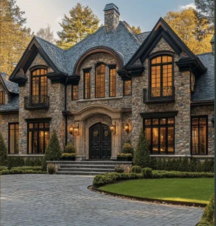 Stone mansion exterior at dusk