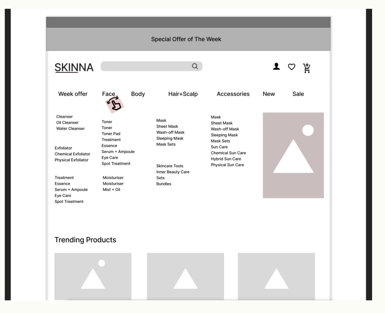 Early wireframe with product-type mega menu