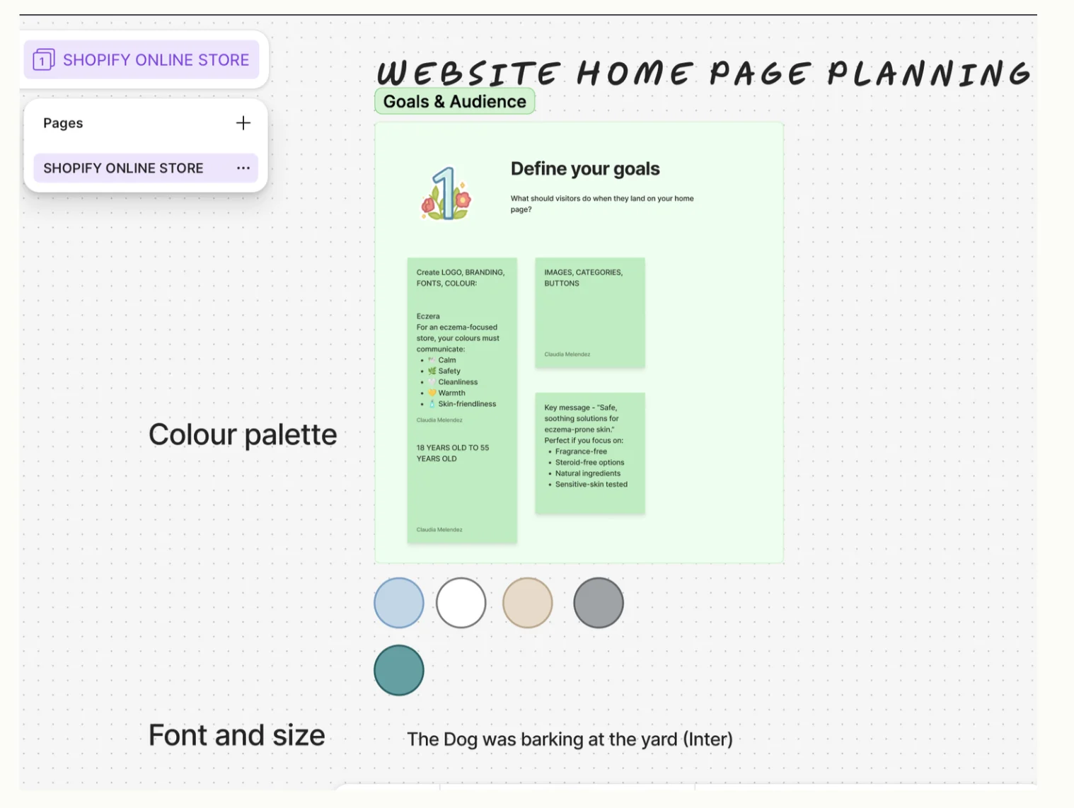 Home page planning board: goals, audience, palette and font