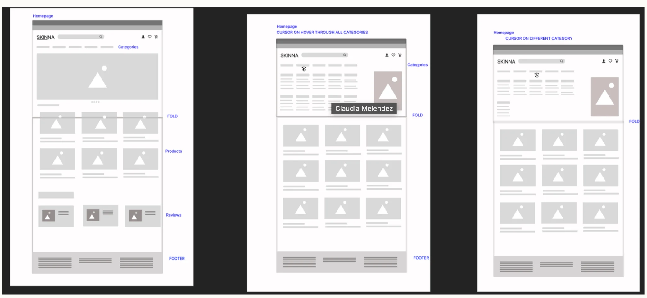 Low-fidelity homepage wireframes with category hover states
