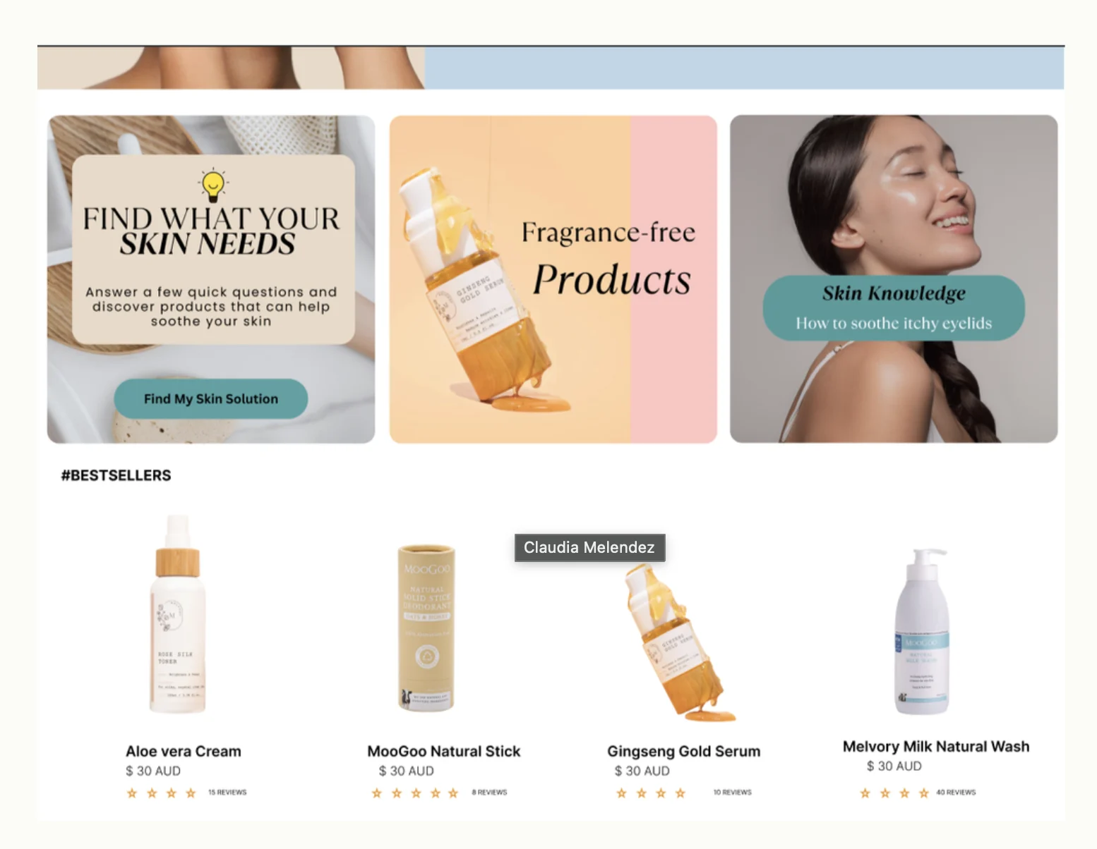 Skin finder, fragrance-free and skin knowledge banners with bestsellers