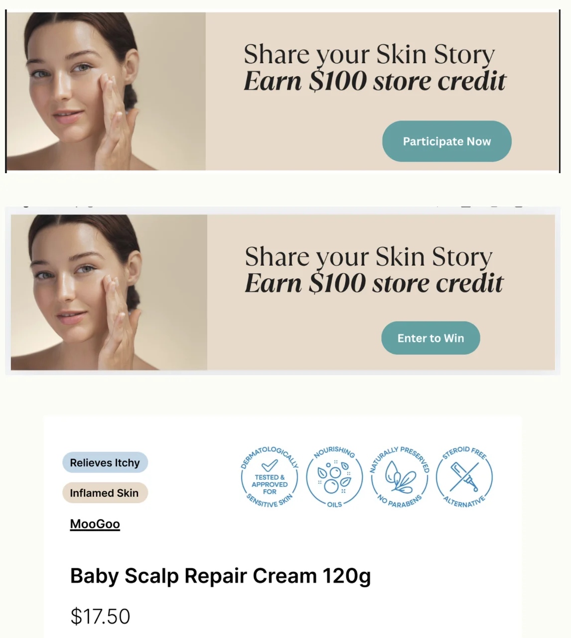 Giveaway banner CTA before and after, and product tags