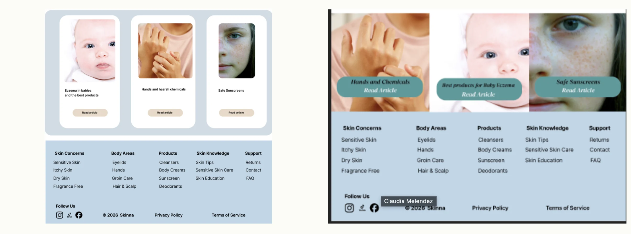 Article cards and footer, two versions compared
