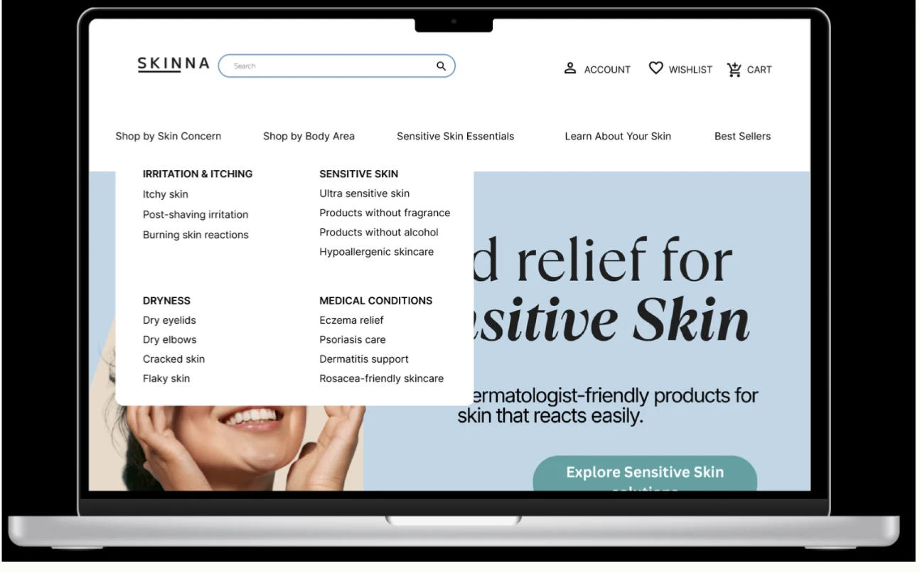 Shop by Skin Concern mega menu on desktop