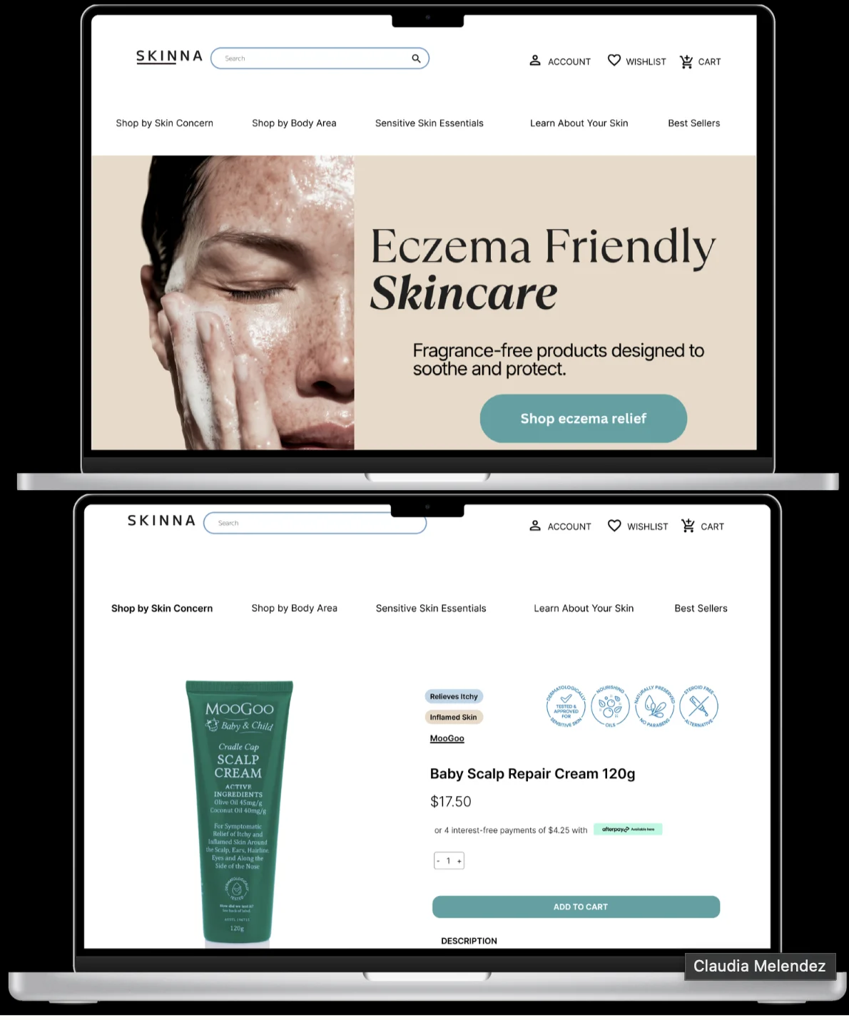 Homepage hero and product page on laptop