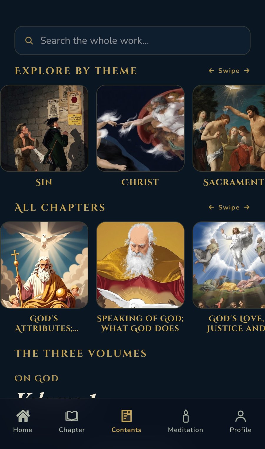 Contents: search, themes, chapters, volumes